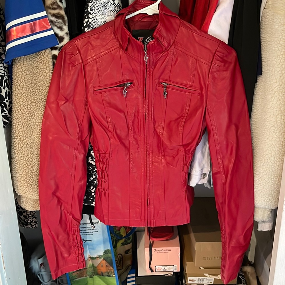 GUESS SIZE XS FAUX LEATHER RED JACKET ..